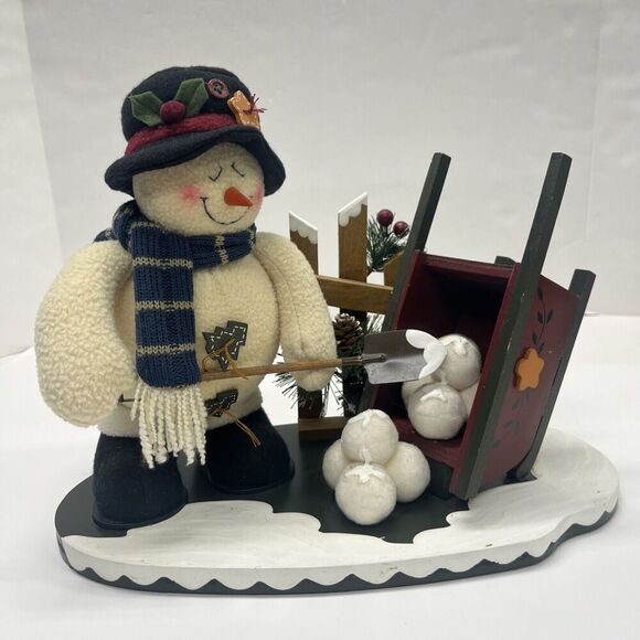 Snowman Plush Shoveling snowballs Red Sled Christmas Winter decoration Wooden - Picture 1 of 11